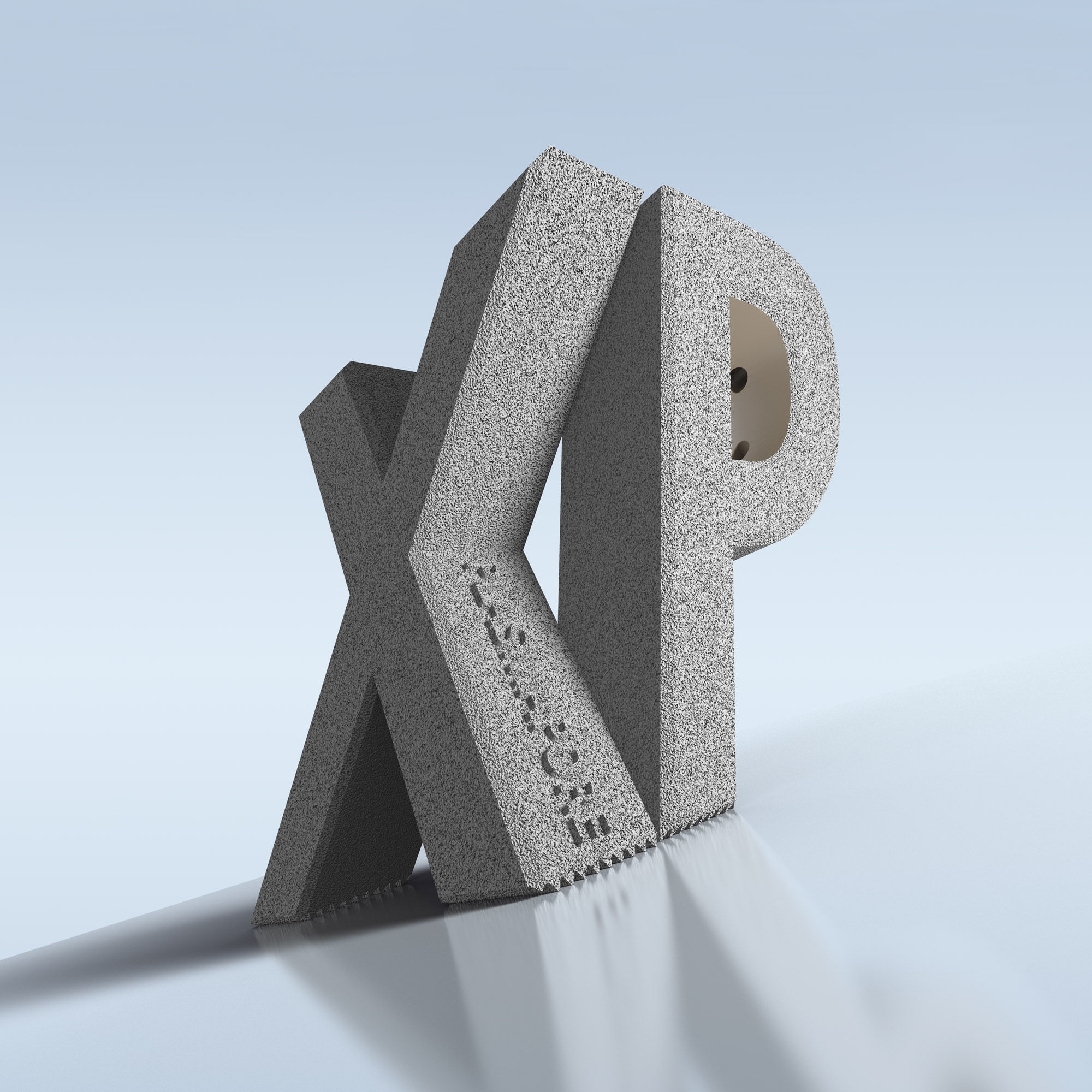 Die Buchstaben XP sind groß in Grau auf hellblauem Hintergrund. Die Buchstaben XP sind groß in Grau auf hellblauem Hintergrund. Sie stehen stabil auf einem diagonalen Hintergrund.
